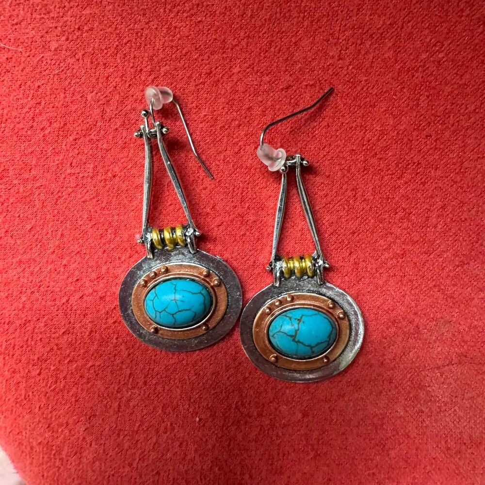 Western Style Silver Copper Gold Mixed Metal Toned Turquoise Dangle Earrings